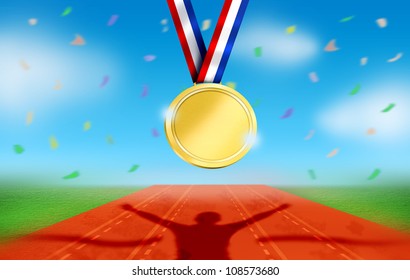 Athlete Celebrates on Racetrack Finish Line. Stadium during Day with Confetti and Gold Medal Hung. - Powered by Shutterstock