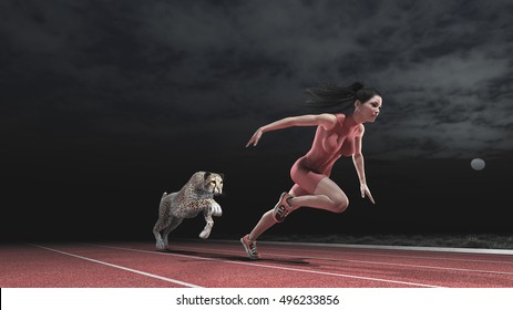 Athlete Woman Competes With A Cheetah On Running Track In The Night. Race Between A Woman And A Cheetah. This Is A 3d Render Illustration
