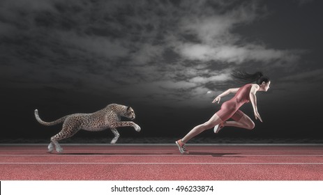 Athlete Woman Competes With A Cheetah On Running Track In The Night. Race Between A Woman And A Cheetah. This Is A 3d Render Illustration
