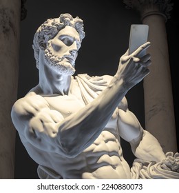 Athletic male is using his smartphone  Roman empire marble statue style  3d illustration 