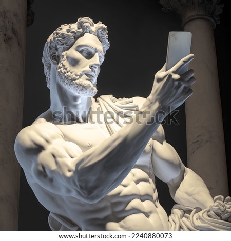 Athletic male is using his smartphone, Roman empire marble statue style. 3d illustration  Imagine de stoc © 