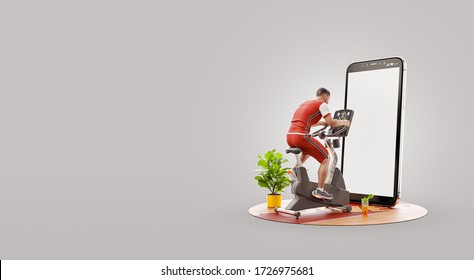 Athletic man riding on spinning bike in the gym standing in front of smartphone with empty screen. Sports application concept. Unusual 3d illustration - Powered by Shutterstock