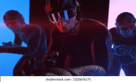 Athletic Man Wears Futuristic Combat Suit And VR 360 Headset Training With Virtual Avatar For Playing Games In Virtual Reality, Concept Future Of Humanity, 3D Rendering.