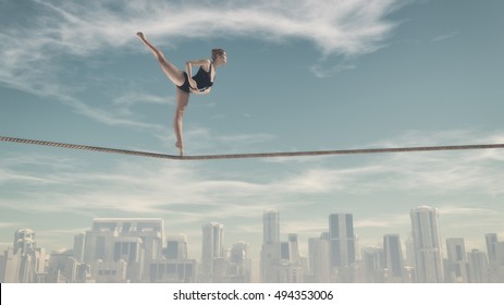 Athletic woman training on a rope over the town. This is a 3d render illustration