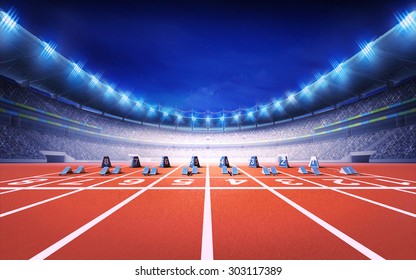 athletics stadium with race track with starting blocks front view sport theme render illustration background