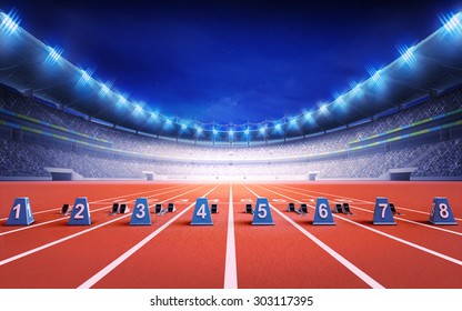 Athletics Stadium With Race Track With Starting Blocks Sport Theme Render Illustration Background