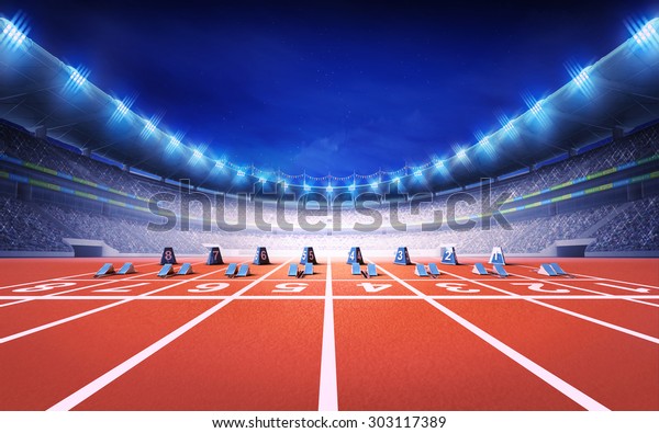 athletics stadium with\
race track with starting blocks front view sport theme render\
illustration\
background