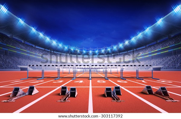 スタートブロックとハードルスポーツのテーマのレンダーイラスト背景にレーストラックを持つ陸上競技場 のイラスト素材