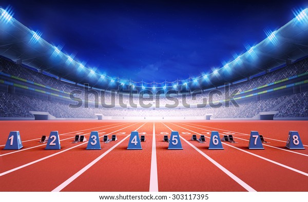 athletics stadium with race track\
with starting blocks sport theme render illustration\
background