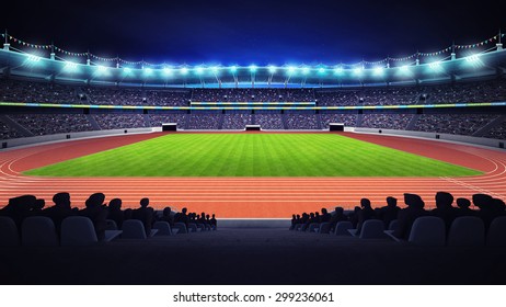 Athletics Stadium With Track And Grass Field At Side Night View Sport Theme Render Illustration Background