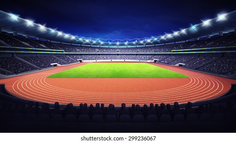 Athletics Stadium With Track And Grass Field At Front Night View Sport Theme Render Illustration Background