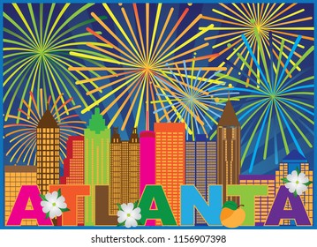 Atlanta Georgia City Skyline Abstract and Peach Dogwood Flowers Fireworks Display Colorful Text llustration