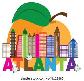 Atlanta Georgia City Skyline Abstract and Peach Dogwood Flowers Colorful Text raster illustration