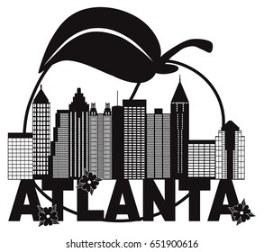 Atlanta Georgia City Skyline Abstract and Peach Dogwood Flowers black   white Text raster llustration