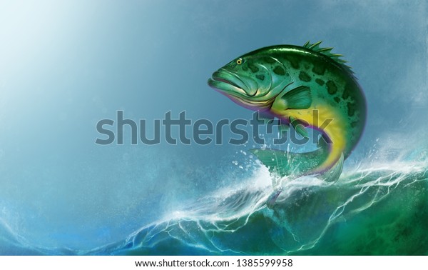 アトランティック ゴリアス グルーパー大魚が水中にいる 大西洋のゴリアス グルーパーで 大きな緑の魚が波のようにリアルなイラスト の背景から飛び出します シーバス のイラスト素材