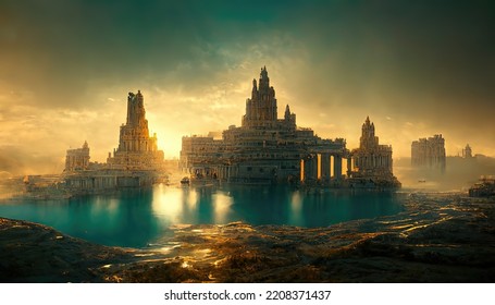 Atlantis, The Lost Underwater City. 3D Illustration. 