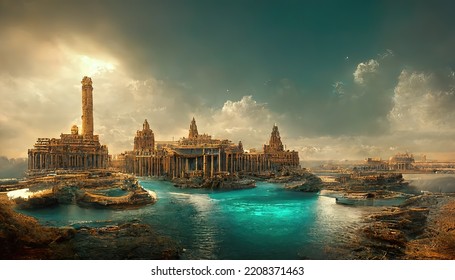 Atlantis, The Lost Underwater City. 3D Illustration. 