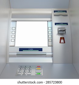 Atm Machine With A Card In Card Reader. Display Screen, Buttons, Cash Dispenser And Receipt Printer. Pin Code Safety, Automatic Banking, Electronic Cash Withdrawal, Bank Account Access Concept.