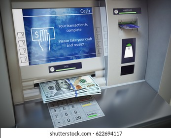ATM machine and money. Withdrawing dollar banknotes. 3d illustration