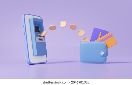 ATM On Smartphone Transfer Coins Money Into Wallet, Cashback Concept. Finance Saving. Exchange Investment On Purple Background. 3d Rendering Illustration