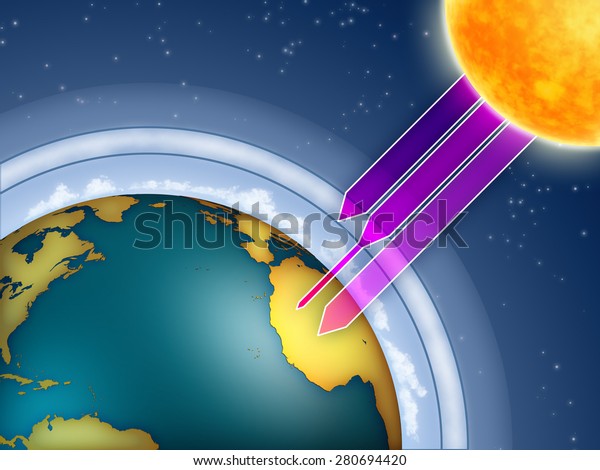 Atmospheric ozone filtering the sun\
ultraviolet rays. Digital\
illustration.