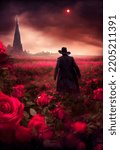 Atmospheric photo of the Dark Tower in a field of roses, with the Gunslinger chasing the Man in Black