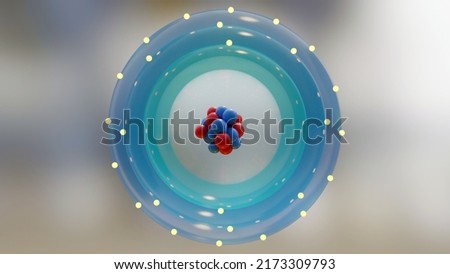 Atom anatomy, Atomic model or structure,  electrons orbiting the nucleus particles, Single atom and its electron cloud. Quantum mechanics and atomic, Neutrons and protons, 3d render