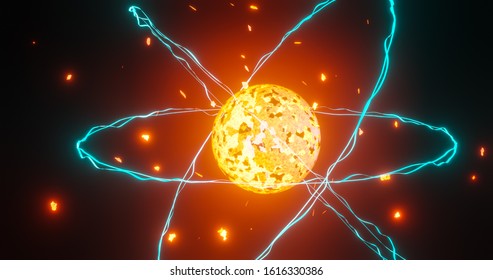 Atom concept with electrons and subatomic particles and nuclear energy 3d rendering 