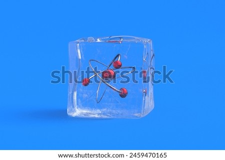 Atom in ice cube. 3d illustration