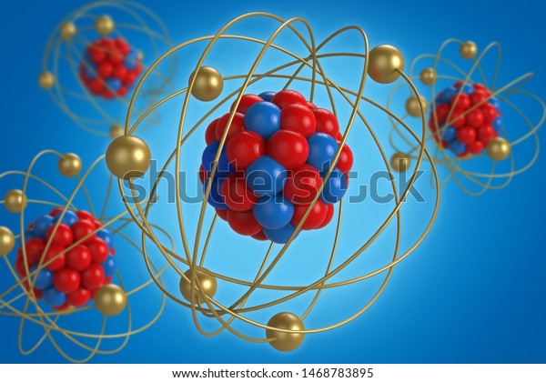Atom molecule 3d rendering, protons neutrons\
and electrons