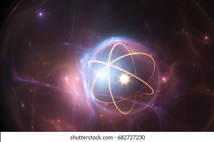 Atom Nuclear Model On Energetic Background, 3D Illustration