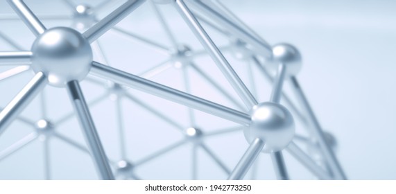 Atom Spheres Array Made Of Shiny Metal Spheres. Science And Technology Background. Grid Of Linked Spheres. Nano Sphere With Hexagon Grid - Nanotechnology Graphene Molecule. 3D Illustration