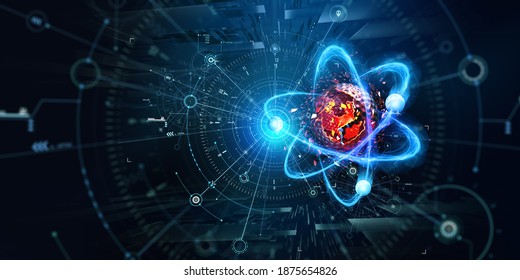 Atom, structure and research. Artificial intelligence and scientific discoveries. 3D illustration of a nanostructured core. Digitalization of science. Physics and hi-tech