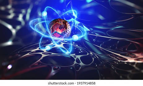 Atom, structure and research. Artificial intelligence and scientific discoveries. 3D illustration of a nanostructured core. Digitalization of science. Physics and hi-tech