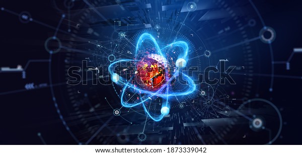 Atom,\
structure and research. Artificial intelligence and scientific\
discoveries. 3D illustration of a nanostructured core.\
Digitalization of science. Physics and\
hi-tech