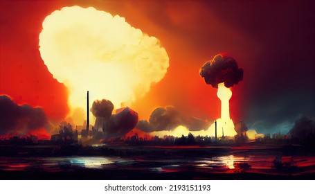 Atomic Bomb In The City. Symbol Of War, End Of The World. Nuclear Explosion. Catastrophe.