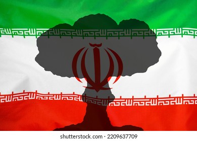 Atomic Bomb Explosion Mushroom On Iran Flag Background. Nuclear Explosion. Danger Of Nuclear War Illustration In Iran