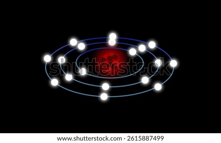 atomic model showing electrons orbiting a nucleus, Bohr model with glowing electron paths and a red glowing nucleus, atomic structure and subatomic particles, science, chemistry, physics concepts