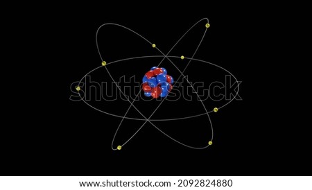 Atomic model or structure (3d representation), Bohr atom with electrons orbiting the nucleus particles, can represent power, radioactivity, or microscopic scale