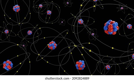 Atomic model or structures (3d representation), Bohr atoms with electrons orbiting the nucleus particles, can represent power, radioactivity, or microscopic scale