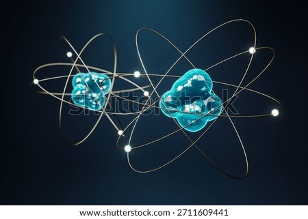Atomic models with glowing electrons and blue nucleus, 3D Rendering, on a dark gradient background. Concept of quantum physics and science