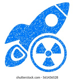 Atomic Rocket Science grainy textured icon for overlay watermark stamps. Flat symbol with dirty texture. Dotted glyph blue ink rubber seal stamp with grunge design on a white background.