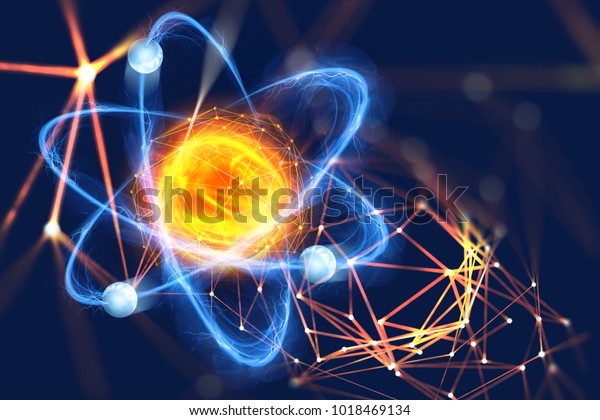 Atomic structure. Futuristic\
concept on the topic of nanotechnology in science. The nucleus of\
an atom surrounded by electrons on a technological\
background