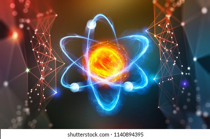 Atomic structure. Scientific breakthrough. Modern scientific research on nuclear fusion. Innovations in physics 3D illustration