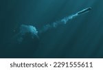 Atomic submarine launch torpedo underwater 3d illustration