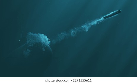 Atomic submarine launch torpedo underwater 3d illustration