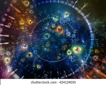 Atoms of Research series. Design composed of fractal particles, light and radial elements as a metaphor on the subject of science, education and modern technology - Shutterstock ID 424124035