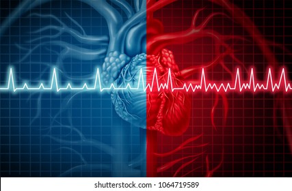 Atrial fibrillation and normal or abnormal heart rate rythm as a cardiac disorder as a human organ with healthy and unhealthy ecg monitoring in a 3D illustration style.
