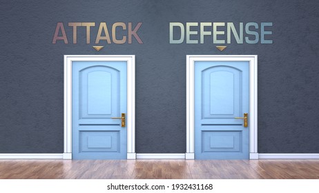 Attack and defense as a choice - pictured as words Attack, defense on doors to show that Attack and defense are opposite options while making decision, 3d illustration
