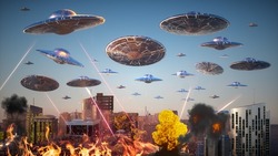 Attack Of Flying Alien Ufo Saucers On The City 3d Render Llustration